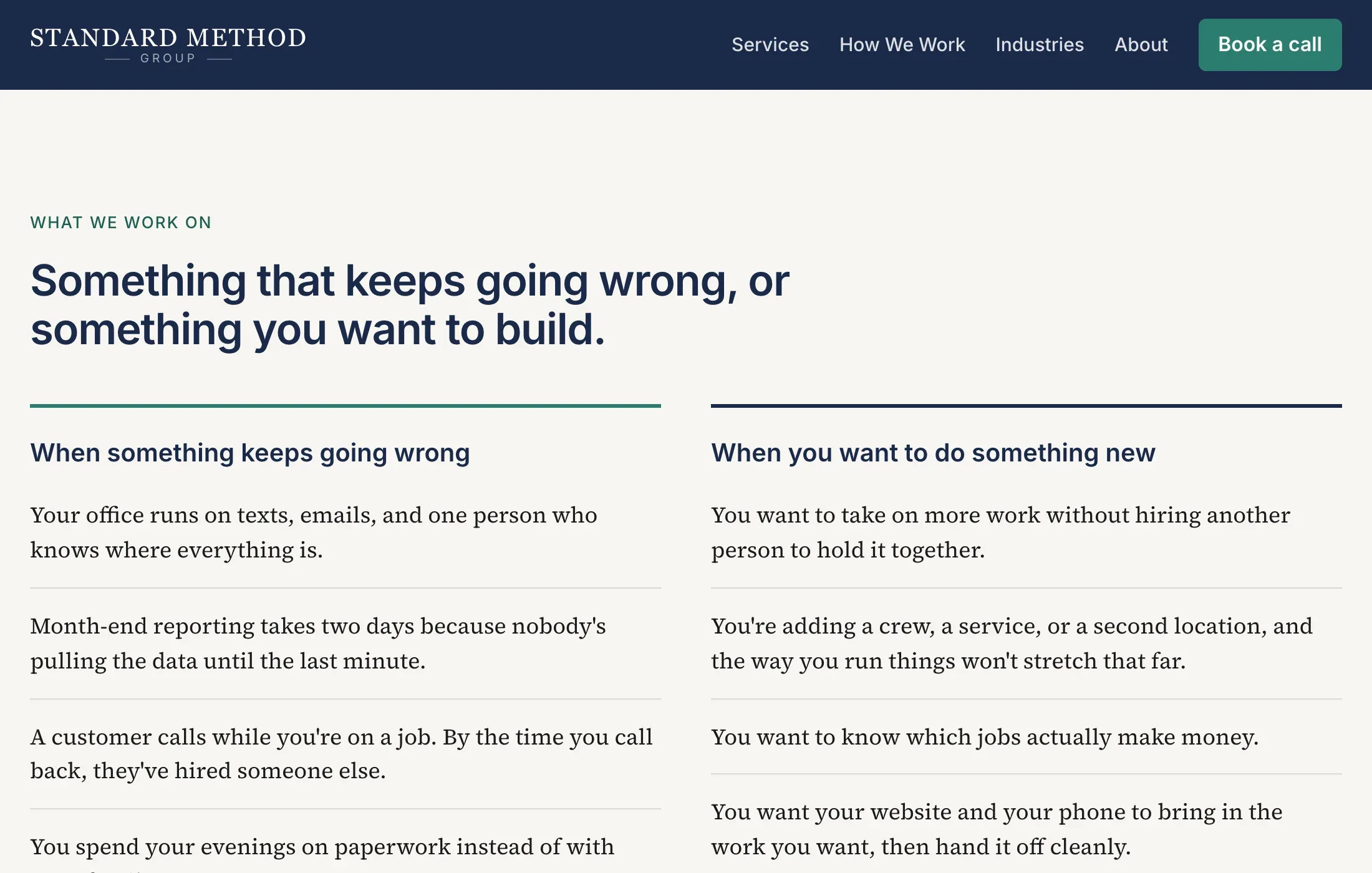 A page from the Standard Method Group website on a desktop screen: a navigation bar, a navy header curving into a light section with a two-column list.