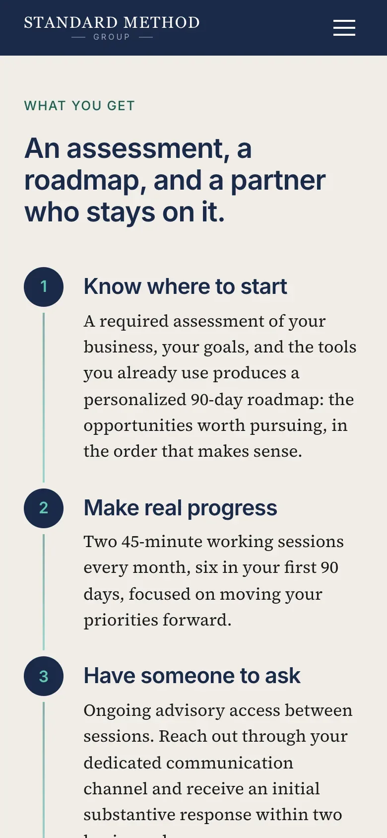 A page from the Standard Method Group website on a phone: a numbered sequence connected by a thin line.