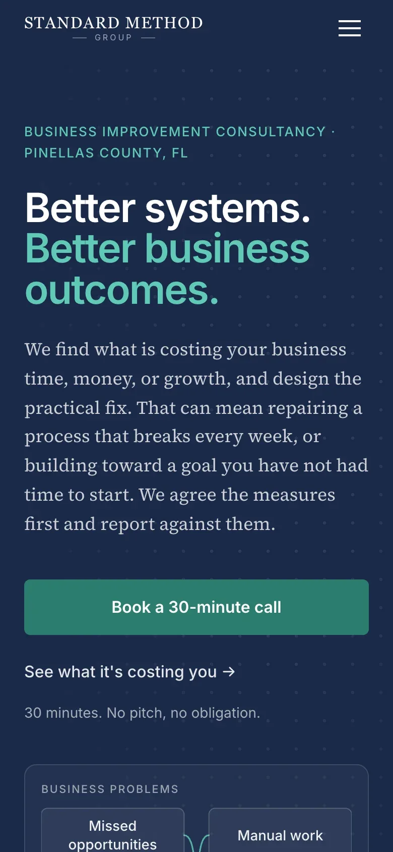 Standard Method Group on a phone: The same design system at 390 px
